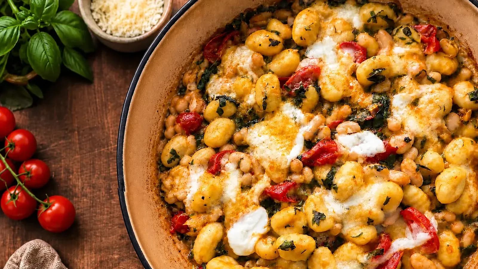 Homemade baked gnocchi with tomatoes, spinach and melted cheese
