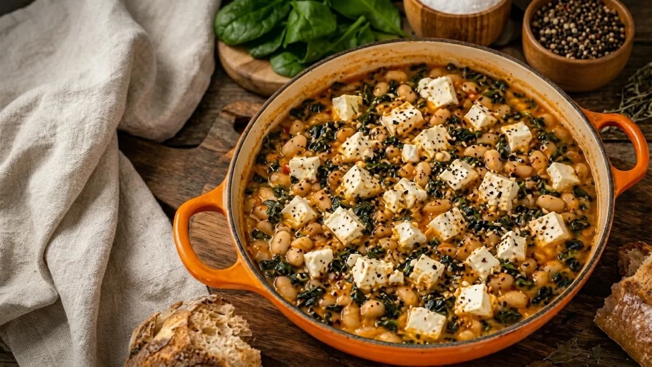 Rustic cannellini bean and spinach stew topped with cubes of feta in an orange casserole dish