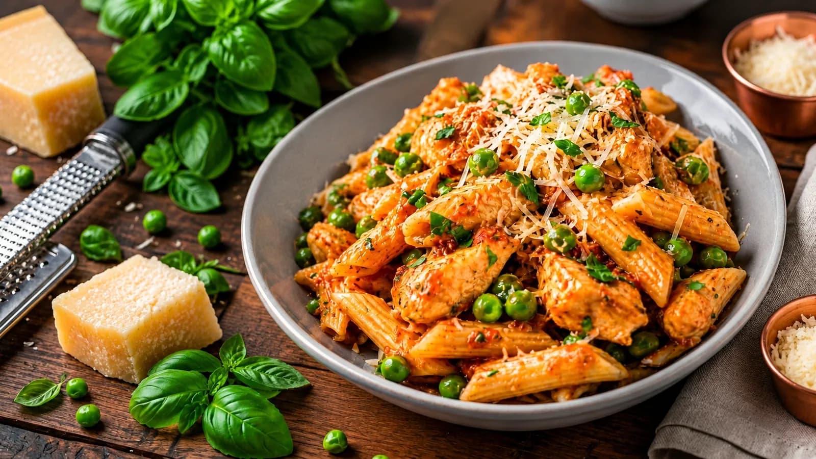 Chicken and pea penne pasta in a rich tomato sauce topped with grated Parmigiano Reggiano and fresh basil