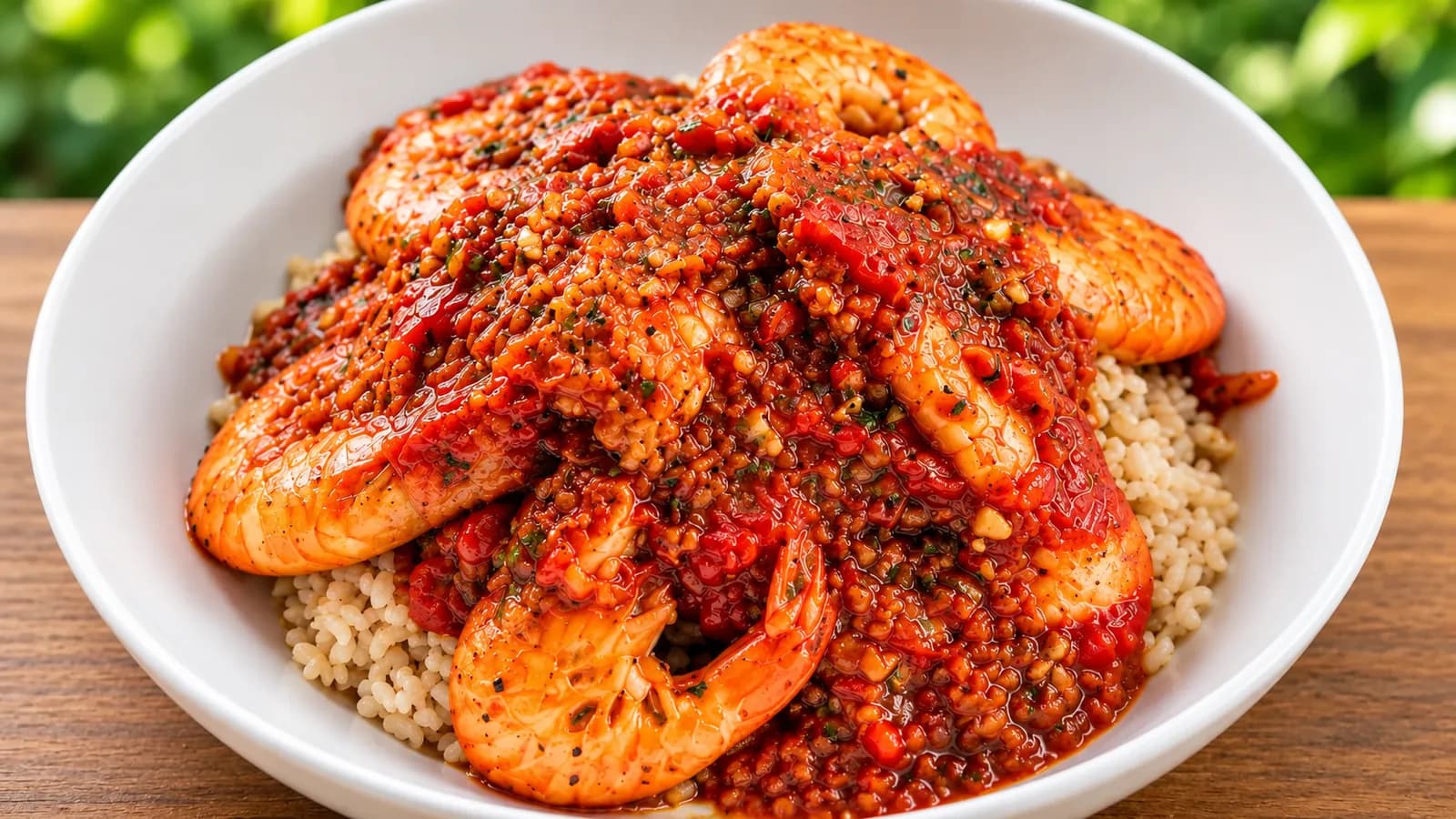 King prawns in a garlic, chilli and tomato sauce served with oven-baked brown rice