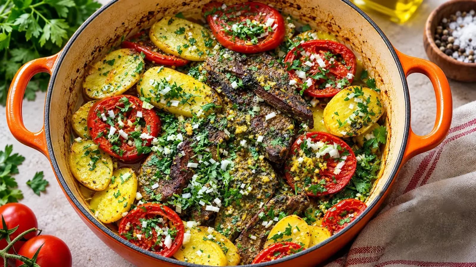 Tunisian lamb's liver bake with turmeric, potatoes, tomatoes and fresh herbs