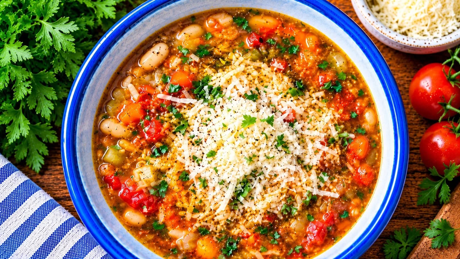 Bowl of minestrone soup with cannellini beans, vegetables, orzo and grated Parmesan
