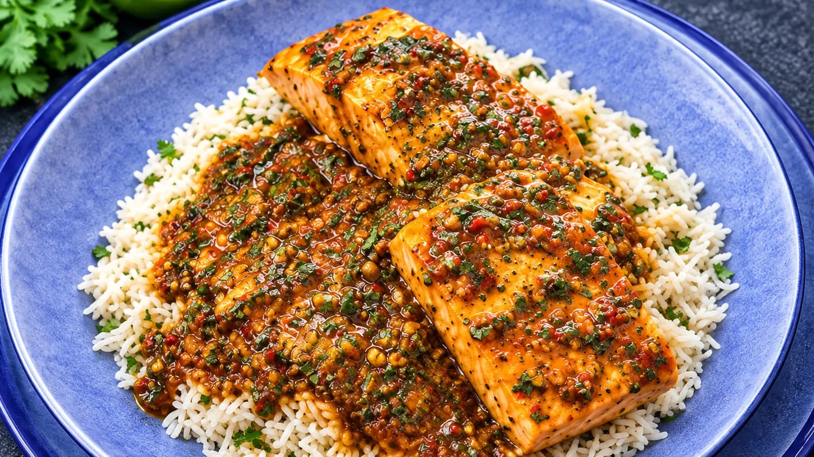 Salmon steaks on rice topped with a rich tomato herb sauce