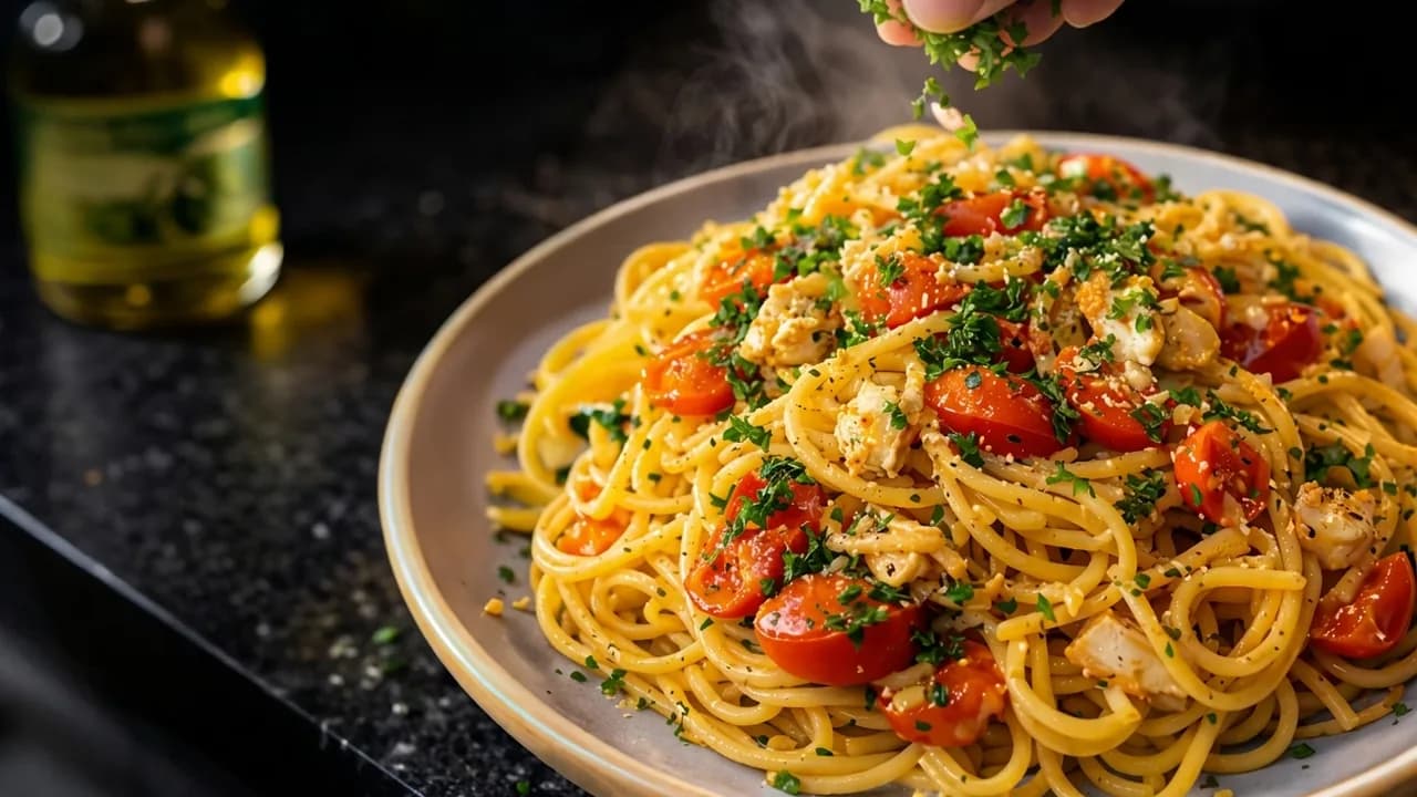 Spicy prawn linguine with halved cherry tomatoes and fresh parsley being sprinkled over the top