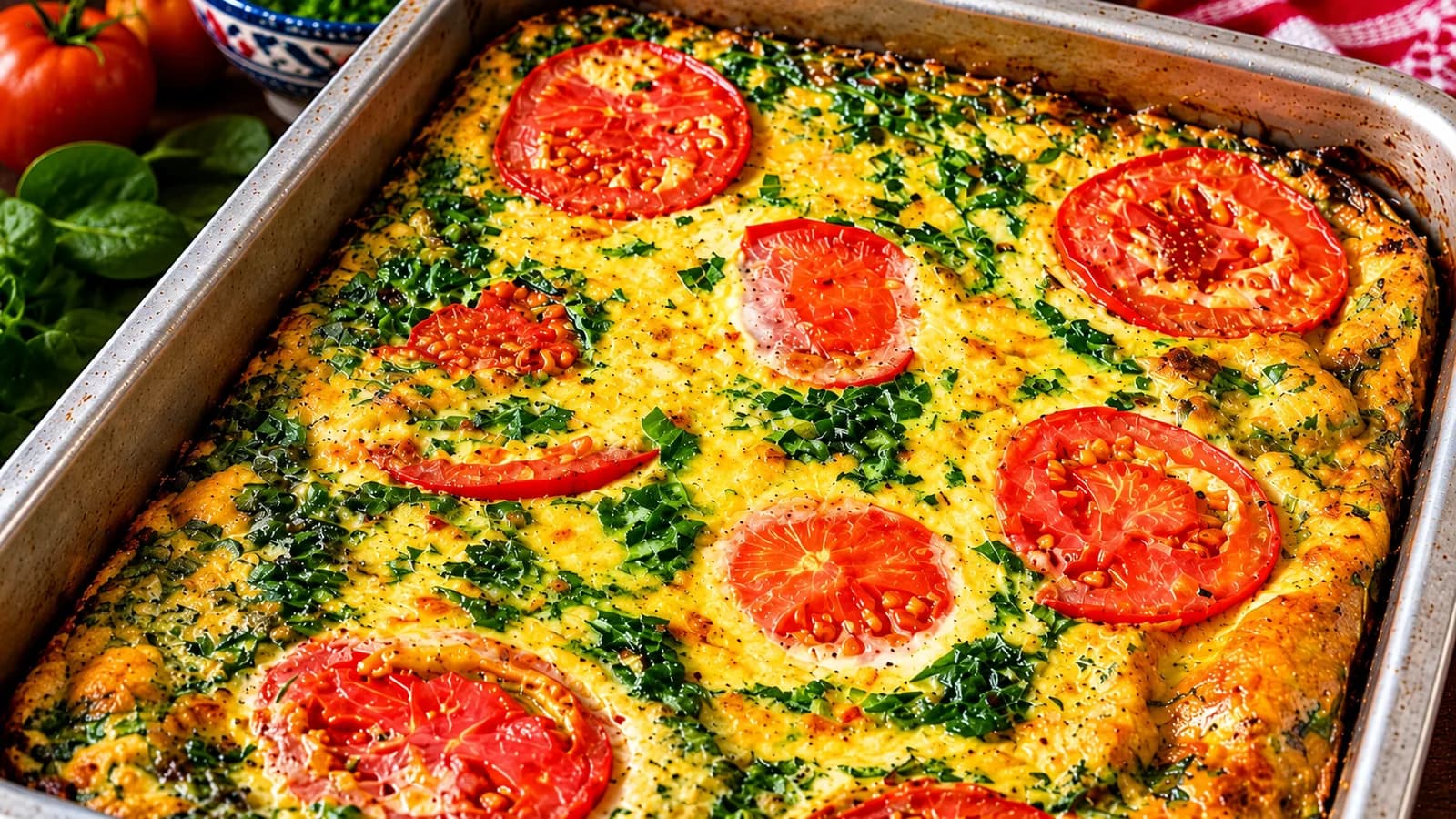Tunisian Tajin baked with eggs, spinach, potatoes, sliced tomato and melted cheese