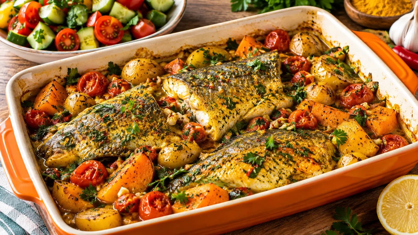 Turmeric garlic baked trout with baby potatoes, sweet potato, cherry tomatoes and fresh herbs